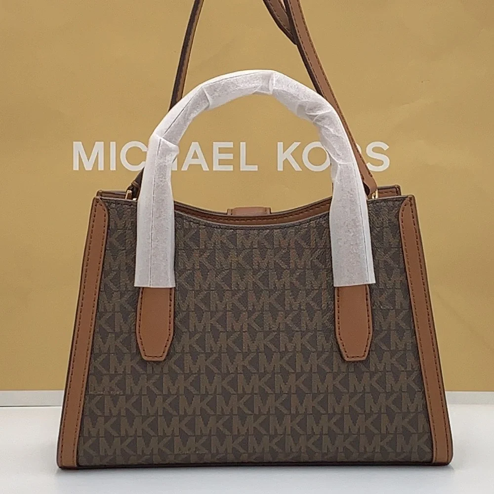 MICHAEL KORS Gabby Small Top Zip Curve Satchel Crossbody Brown Signature color